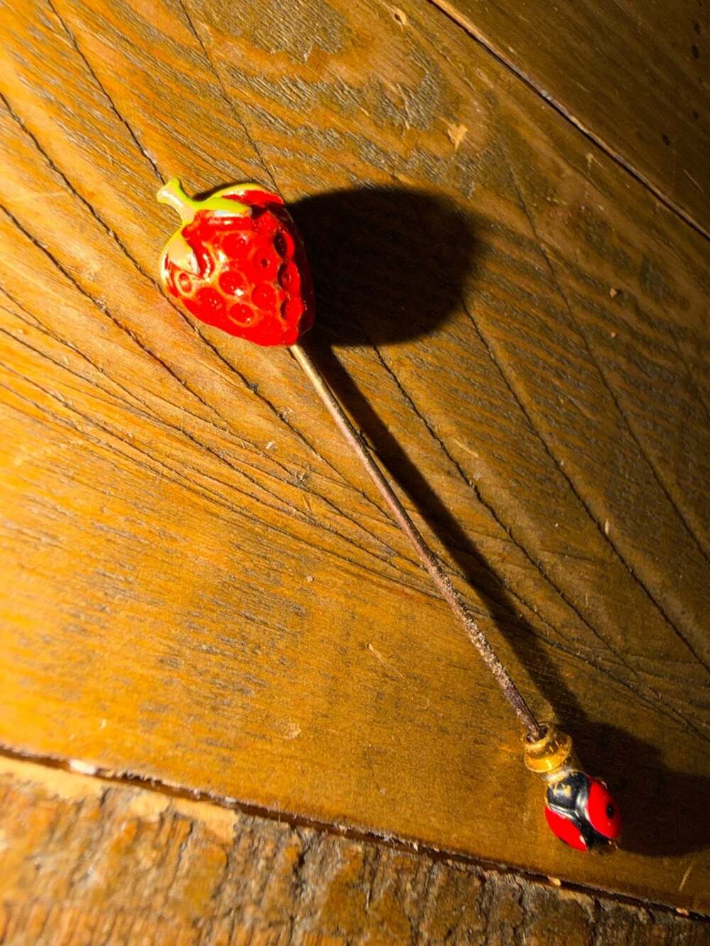 Vintage Enamel Strawberry and Ladybug Stick Pin